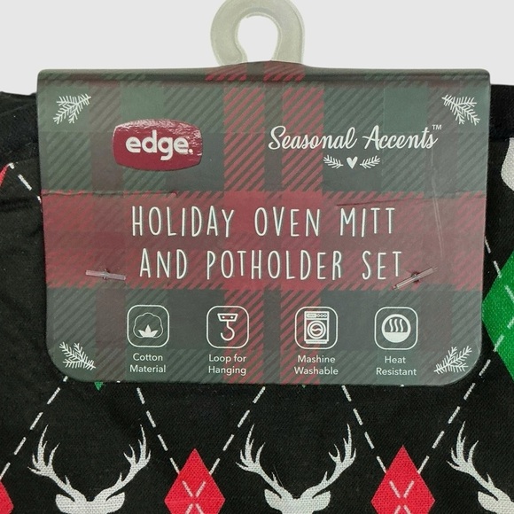 Holiday Deer Argyle Cotton Oven Mitt Potholder Set Christmas Winter Seasonal - Picture 9 of 16